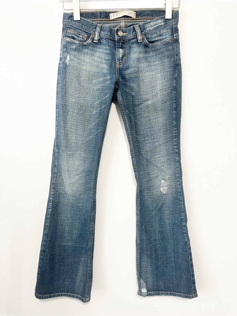 Express Distressed Cetine jeans Blue Flare denim low rise vintage Y2K